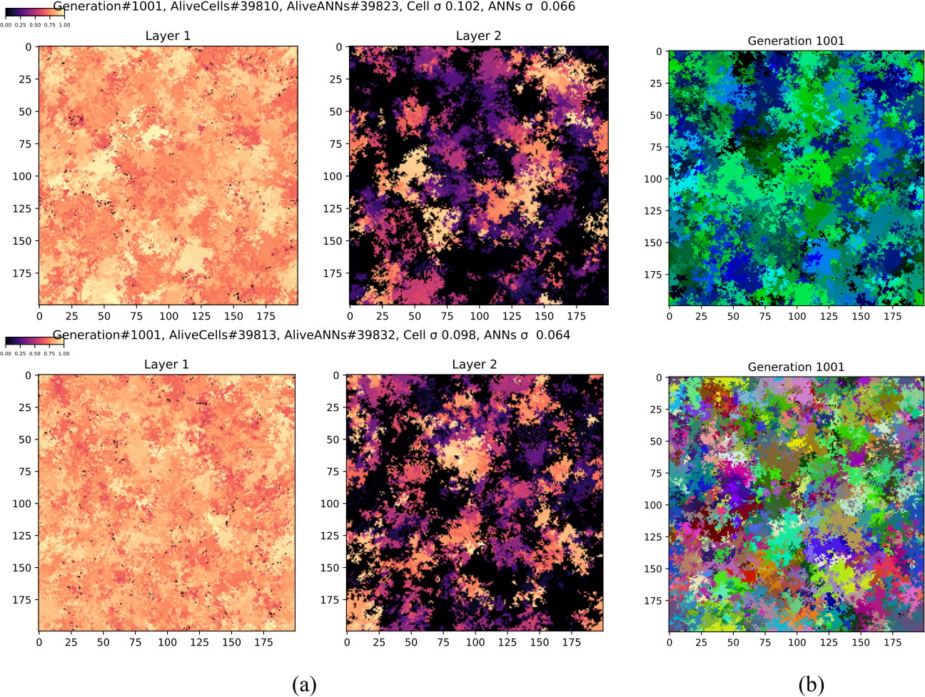 Two runs of experiment 19 with identical settings: near-identical substrate images above, clearly different genotype colourings below